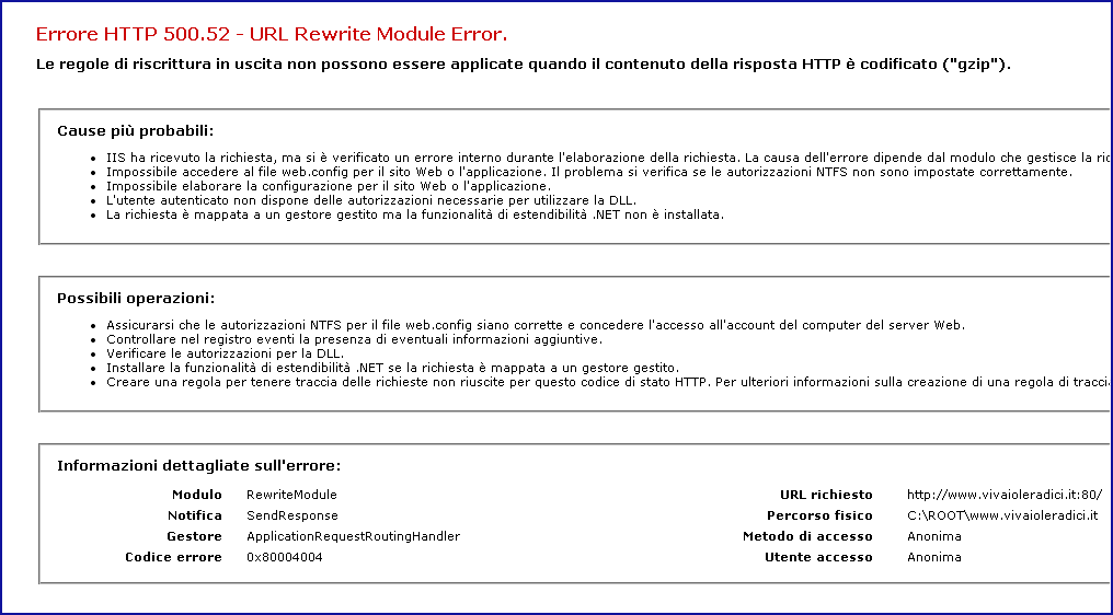 Errore HTTP 500.52 - URL Rewrite Module Error.