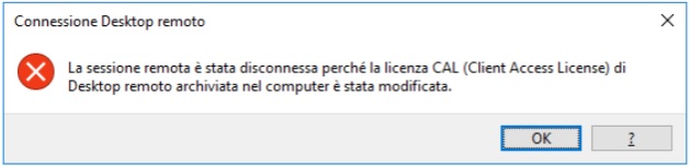 Licenza CAL di Desktop remoto archiviata nel computer è stata modificata