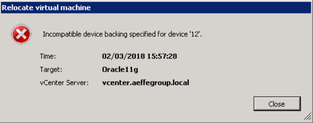 Vmware – Incompatible device backing specified for device 12
